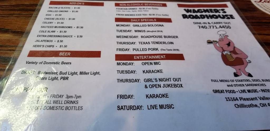 Wagners Roadhouse | restaurant | 15164 Pleasant Valley Rd, Chillicothe, OH 45601, USA | 7407714450 OR +1 740-771-4450