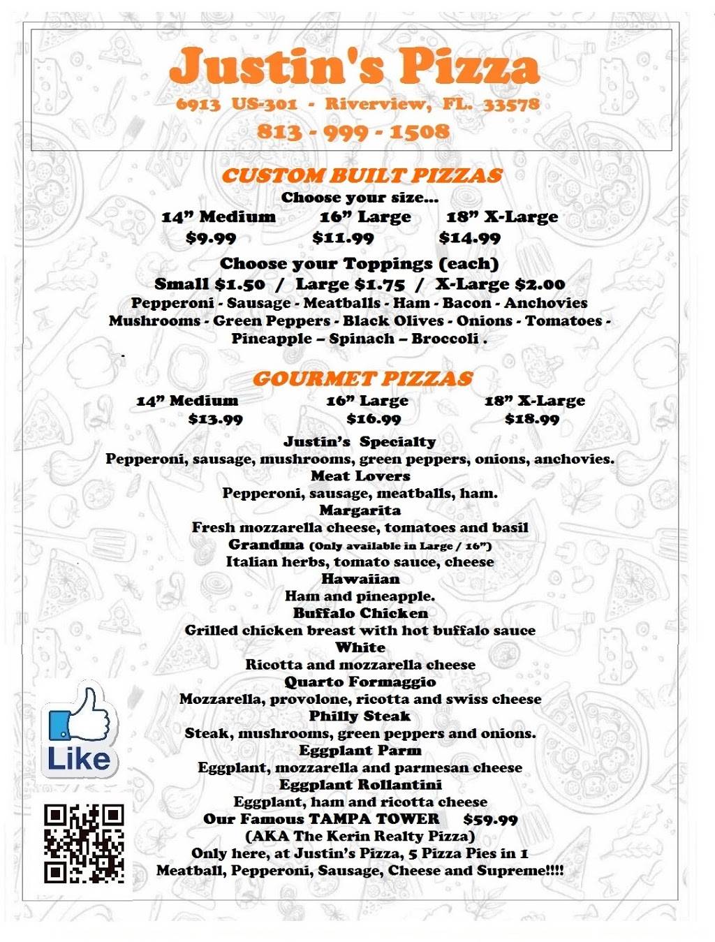 Justins Pizza | restaurant | 6913 US-301, Riverview, FL 33578, USA | 8139991508 OR +1 813-999-1508