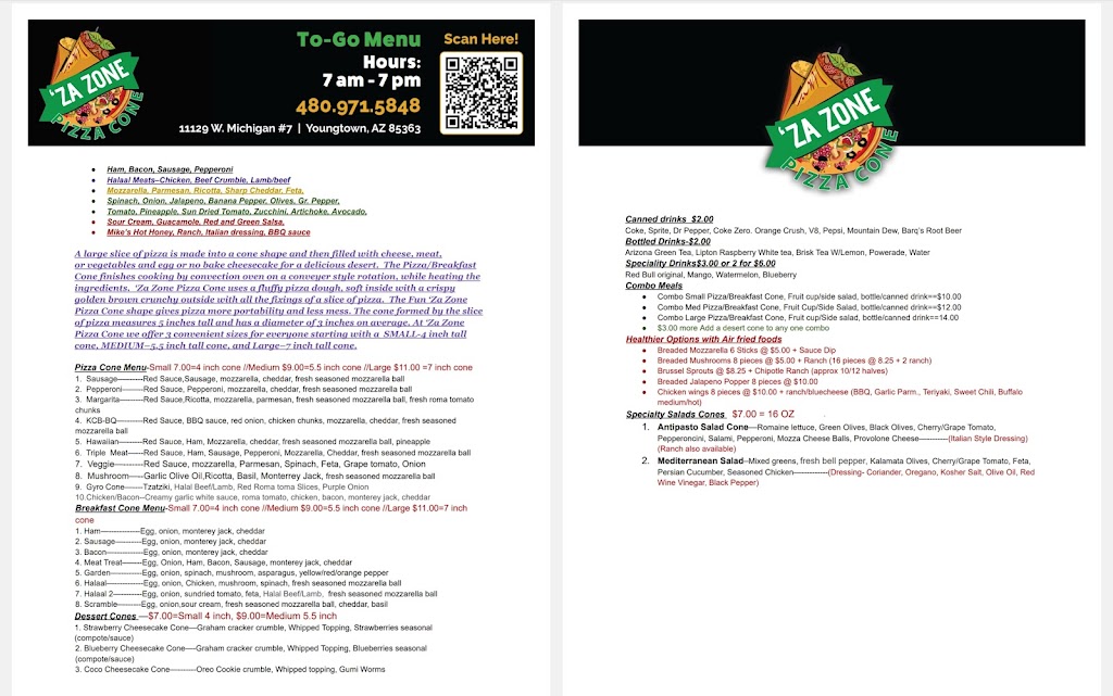 za zone pizza cone | restaurant | 11129 W Michigan Ave, Youngtown, AZ 85363, USA | 8009610043 OR +1 800-961-0043