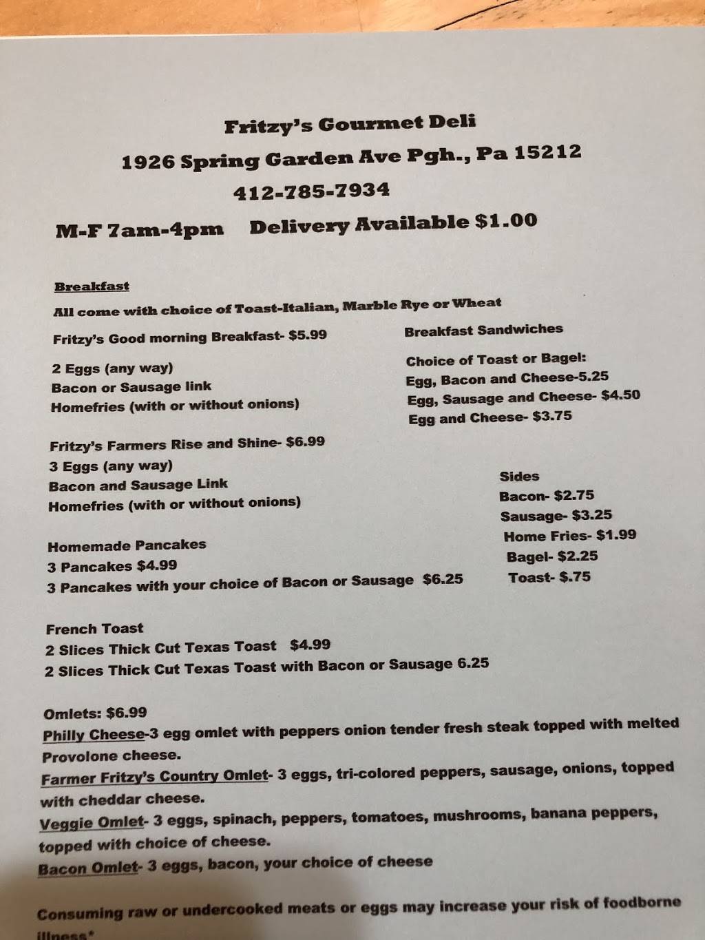 Fritzy’s Gourmet Deli | restaurant | 1926 Spring Garden Ave, Pittsburgh, PA 15212, USA | 4127857934 OR +1 412-785-7934