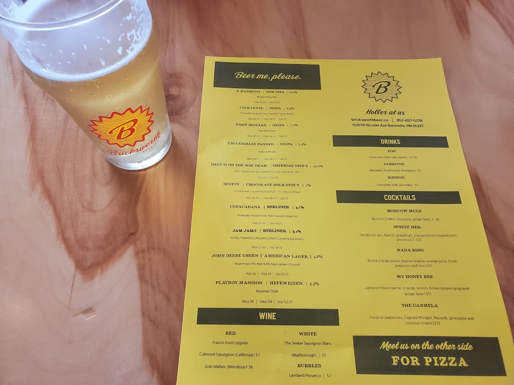 Bricksworth Beer Co. | restaurant | 12257B Nicollet Ave S, Burnsville, MN 55337, USA | 9526575236 OR +1 952-657-5236