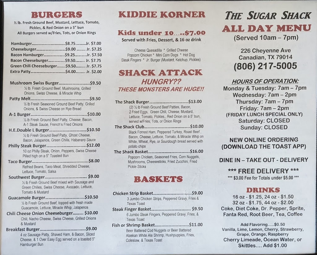 The Sugar Shack | restaurant | 226 E Cheyenne Ave, Canadian, TX 79014, USA | 8063232328 OR +1 806-323-2328