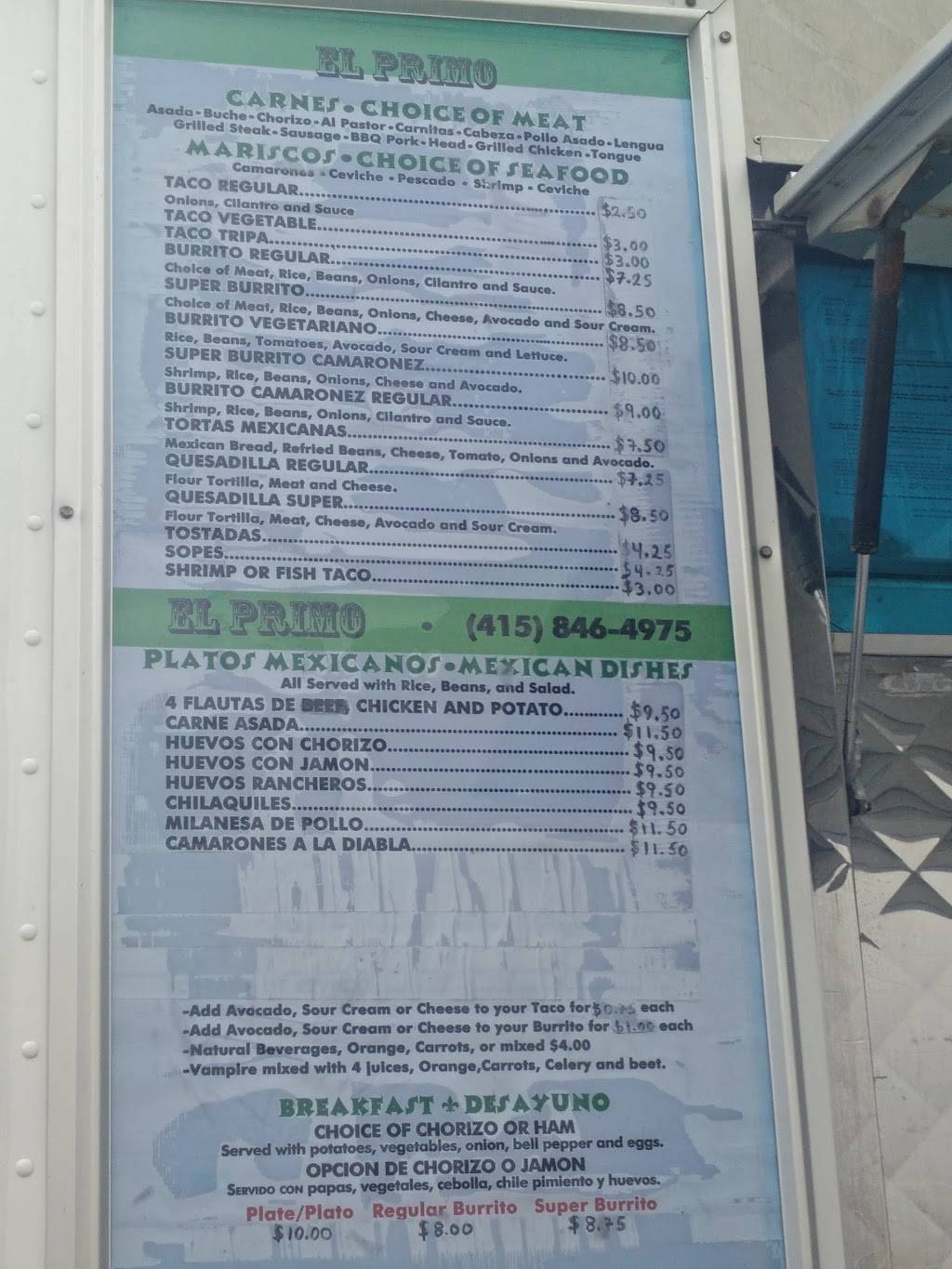 El Primo Taco Truck | restaurant | 2200-2298 Jennings St, San Francisco, CA 94124, USA | 4158464975 OR +1 415-846-4975