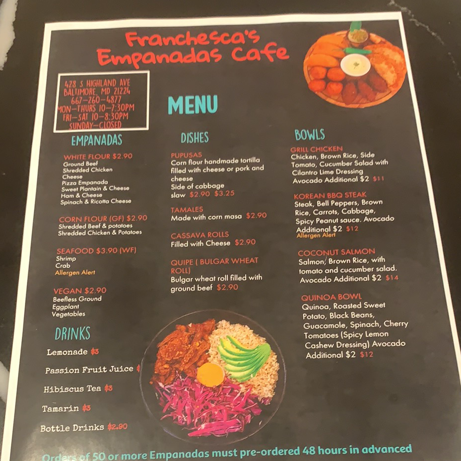 Franchescas Empanadas Cafe | restaurant | 428 S Highland Ave, Baltimore, MD 21224, USA | 6672604877 OR +1 667-260-4877