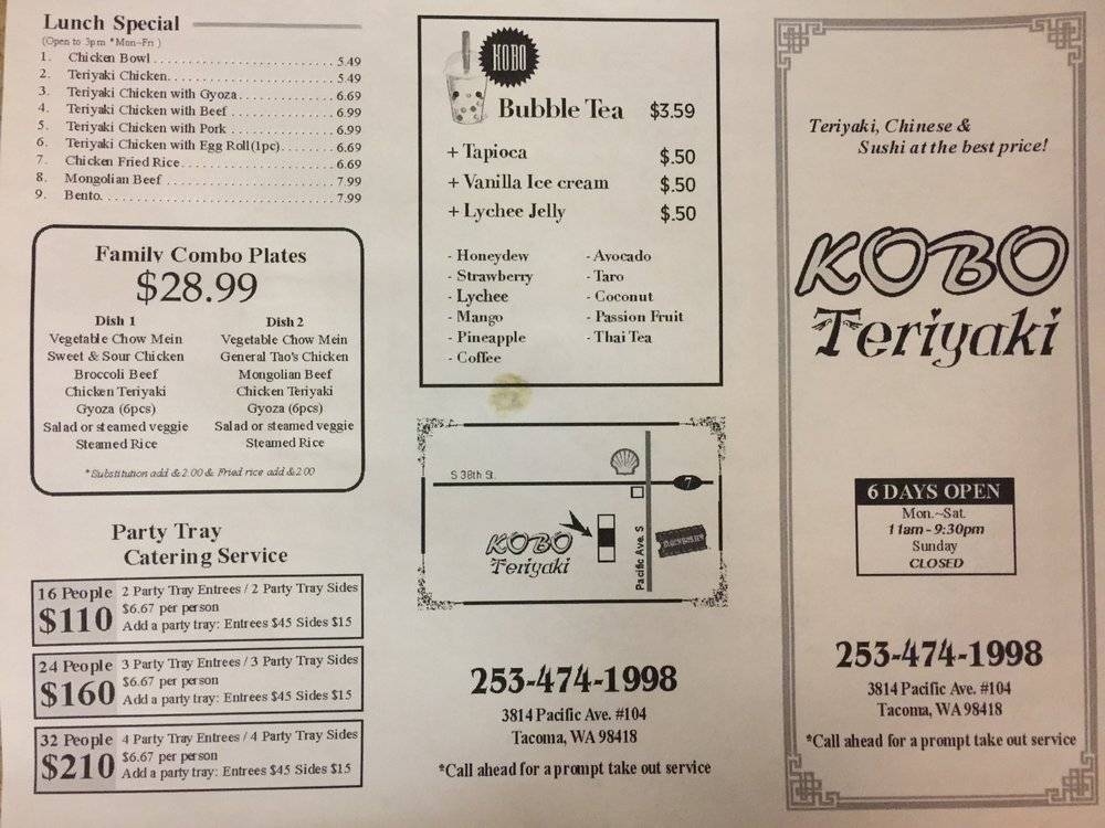Kobo Teriyaki | restaurant | 3814 Pacific Ave # 104, Tacoma, WA 98418, USA | 2534741998 OR +1 253-474-1998