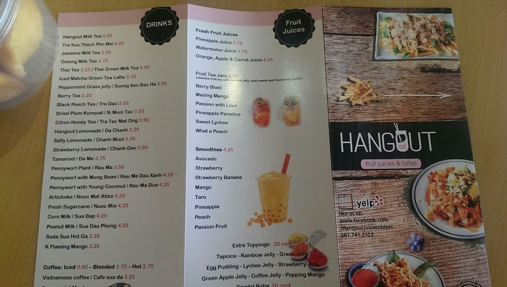 Hangout Fruit Juices & Bites | restaurant | 10613 Bellaire Blvd, Houston, TX 77072, USA | 2817412522 OR +1 281-741-2522