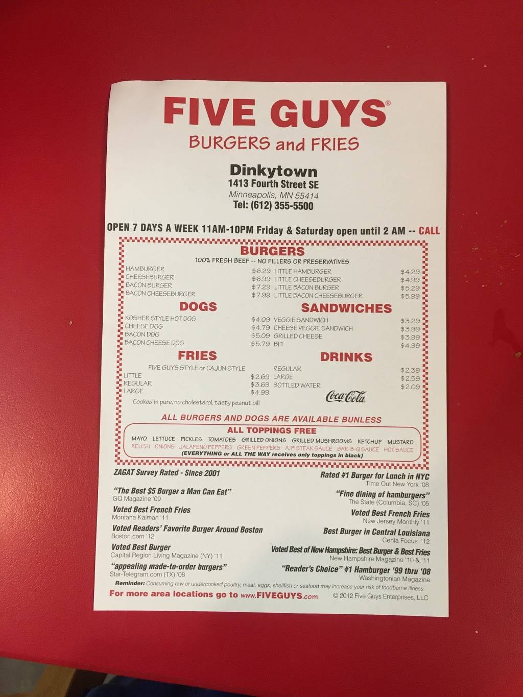 Five Guys | meal takeaway | 1413 4th St SE, Minneapolis, MN 55414, USA | 6123555500 OR +1 612-355-5500