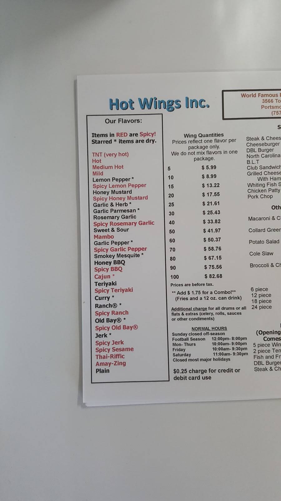 Hot Wings | restaurant | 3566 Towne Point Rd, Portsmouth, VA 23703, USA | 7574837880 OR +1 757-483-7880