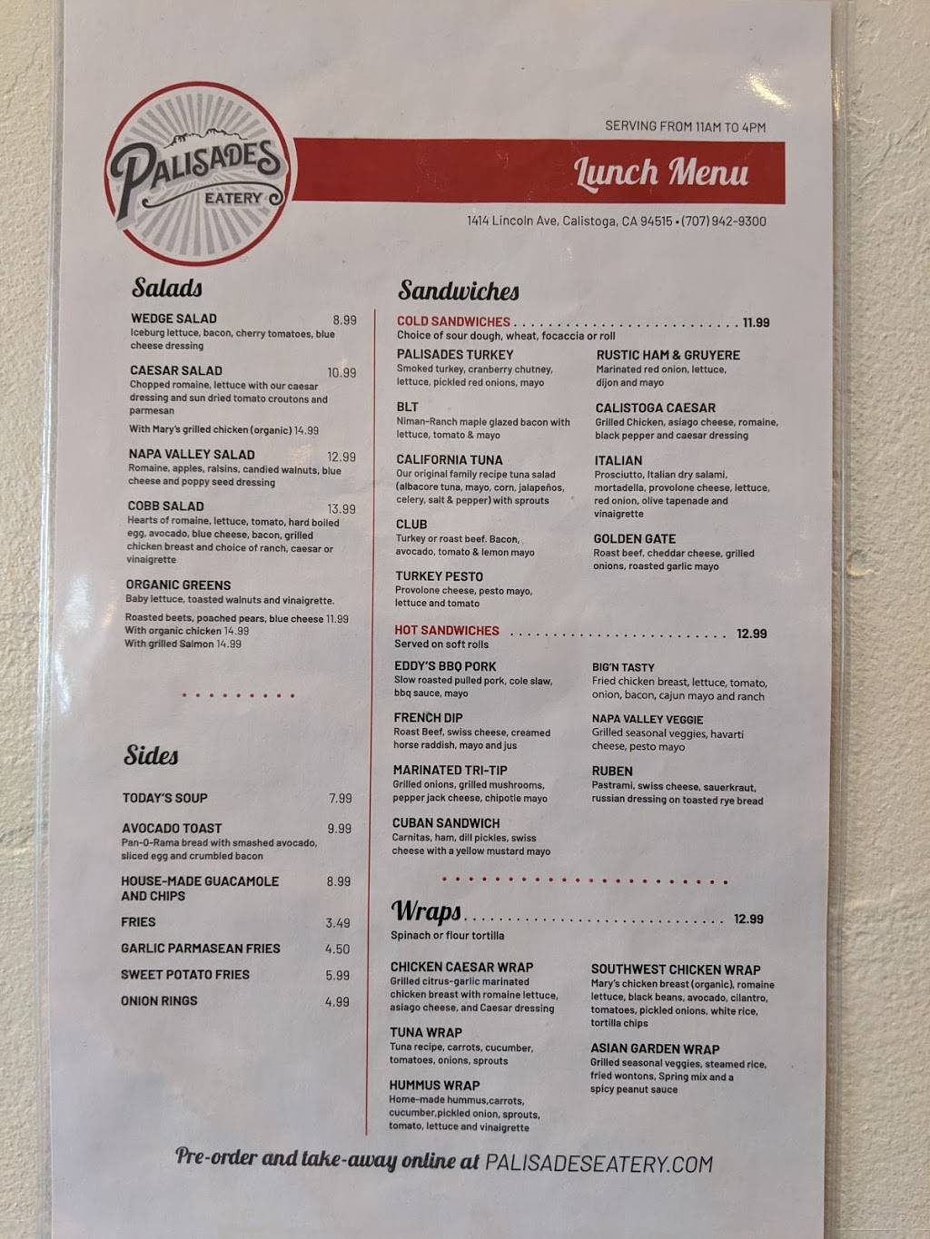 Palisades Eatery | restaurant | 1414 Lincoln Ave, Calistoga, CA 94515, USA | 7079429300 OR +1 707-942-9300