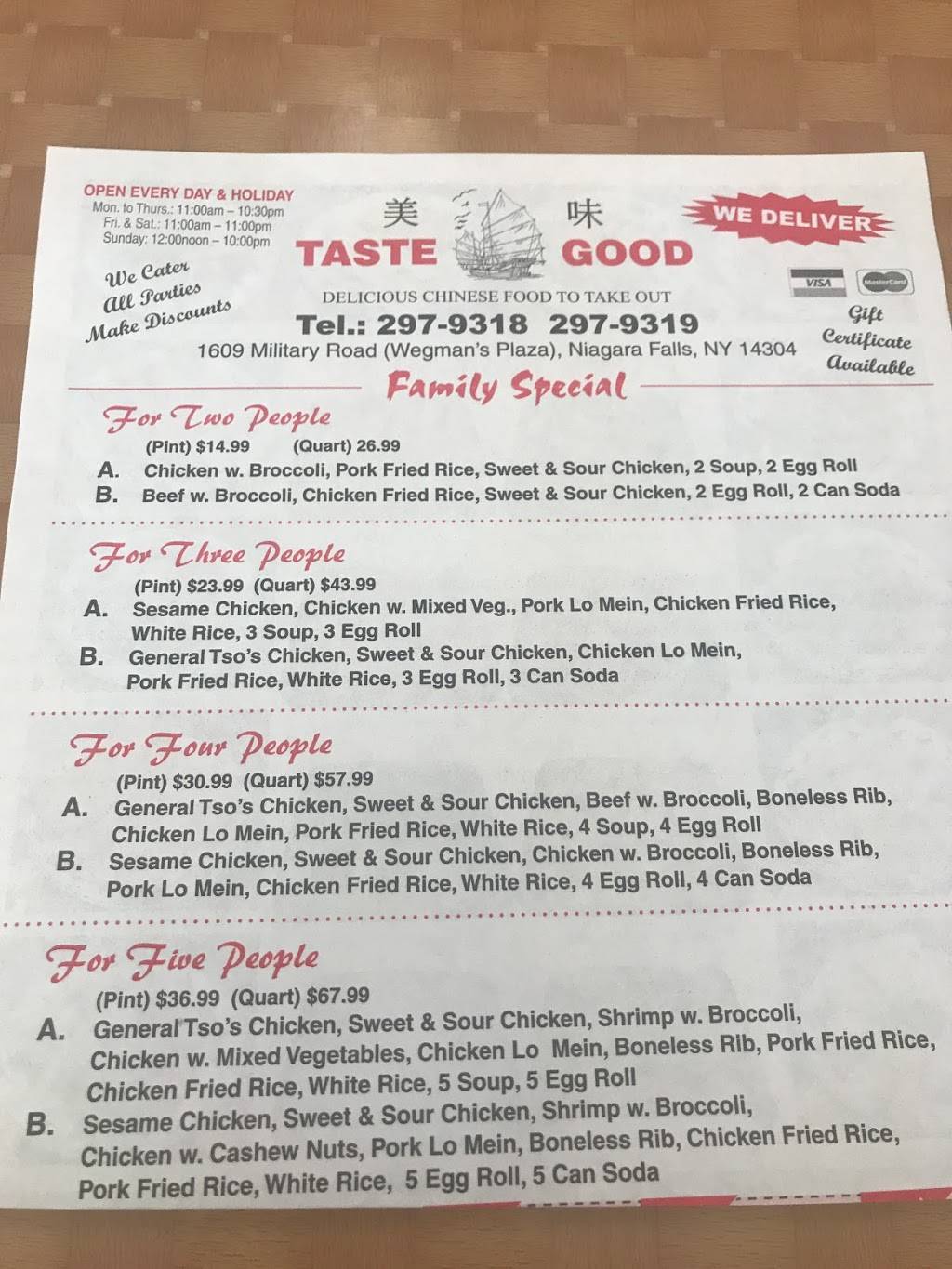 Taste Good Chinese Restaurant | restaurant | 1609 Military Rd, Niagara Falls, NY 14304, USA | 7162979318 OR +1 716-297-9318