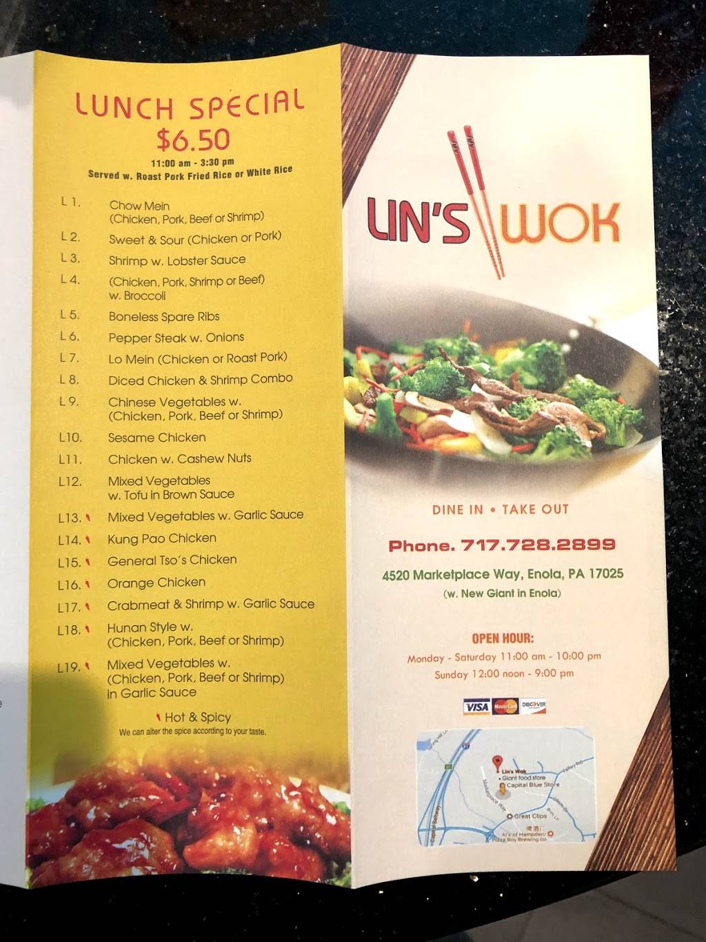 Lins Wok | restaurant | 4520 Marketplace Way, Enola, PA 17025, USA | 7177282899 OR +1 717-728-2899