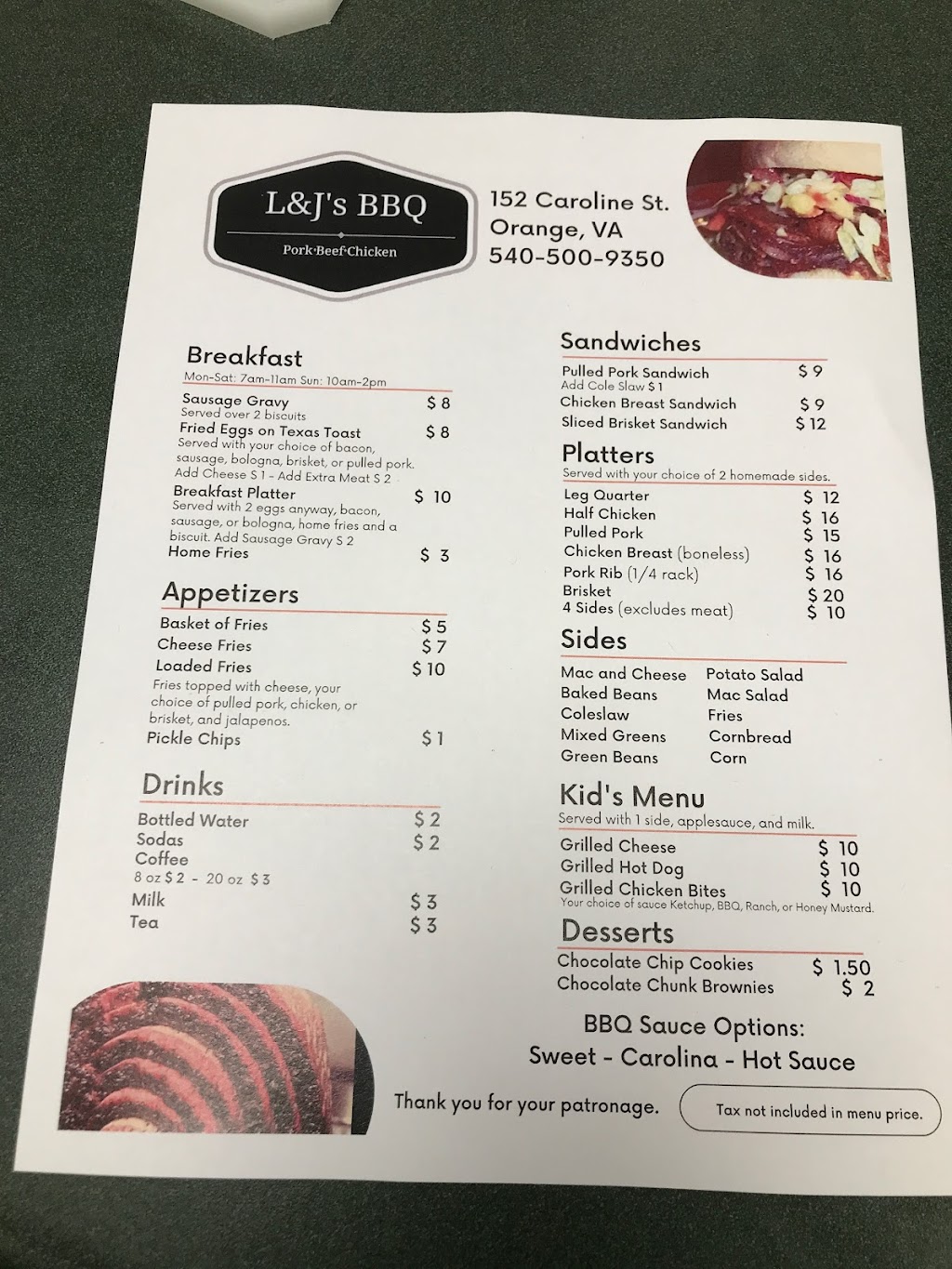 L&Js BBQ llc | restaurant | 152 Caroline St, Orange, VA 22960, USA | 5405009350 OR +1 540-500-9350