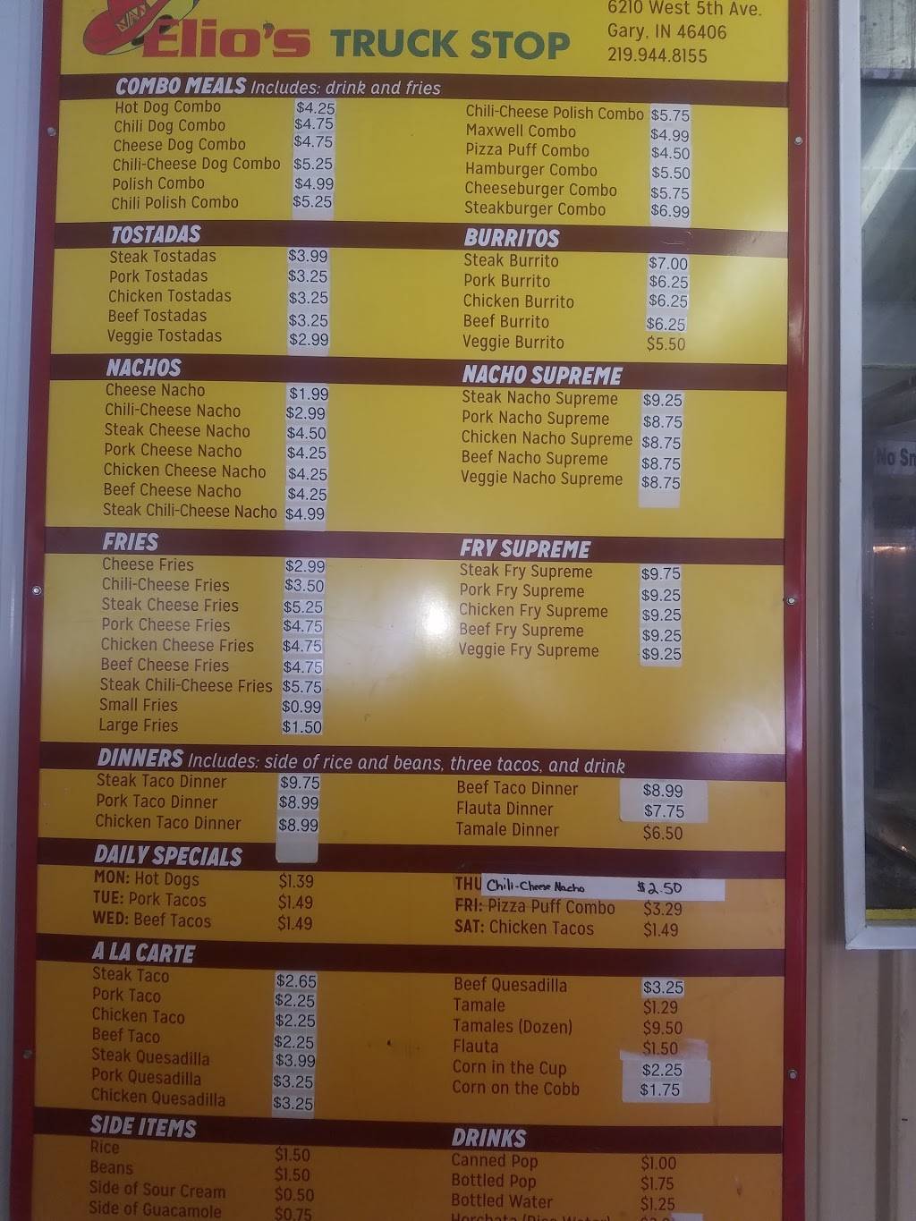 Elios Hot Dogs & Mexican Food | restaurant | 6210 W 5th Ave, Gary, IN 46406, USA | 2199448155 OR +1 219-944-8155