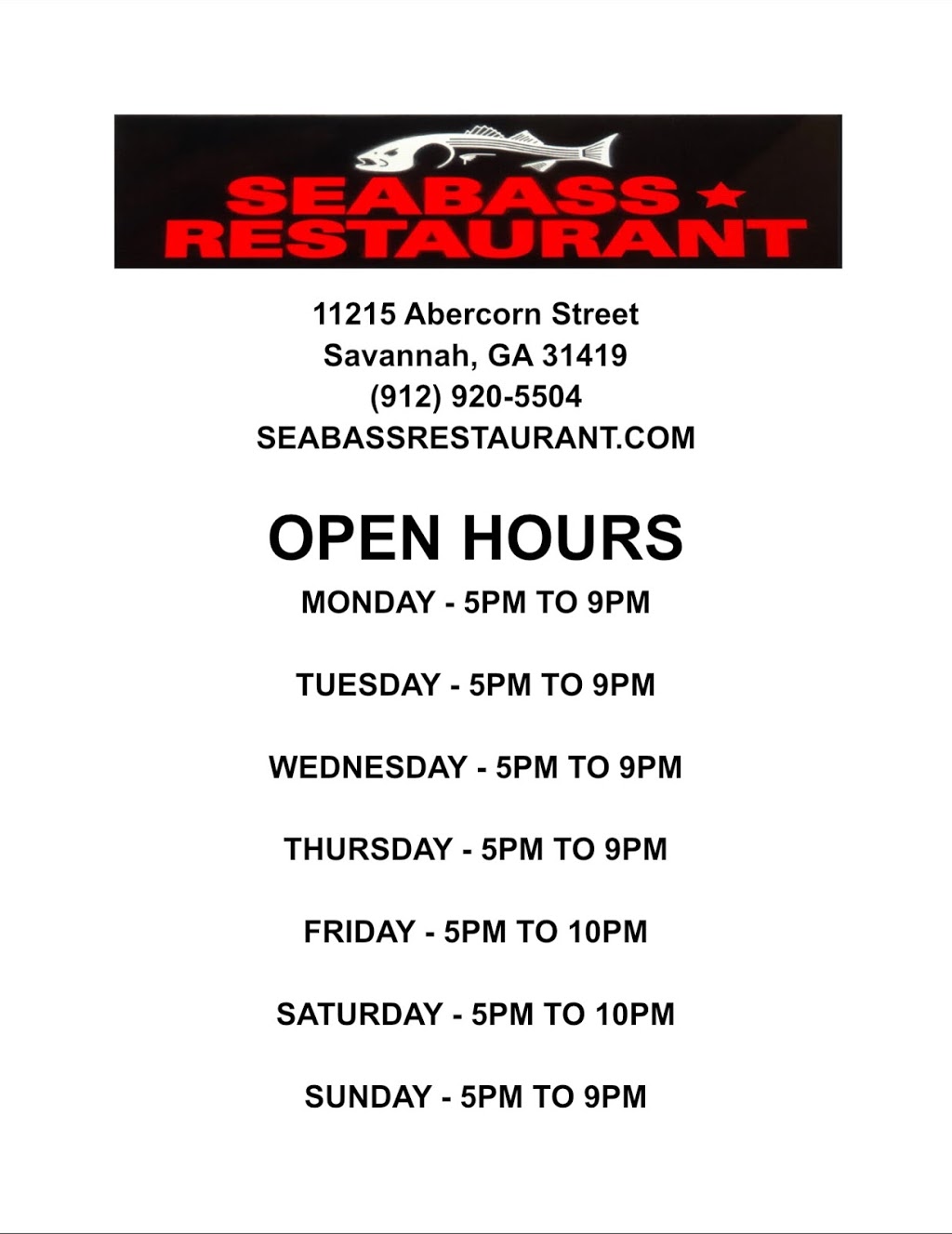 Seabass Restaurant | restaurant | 11215 Abercorn St, Savannah, GA 31419, USA | 9129205504 OR +1 912-920-5504