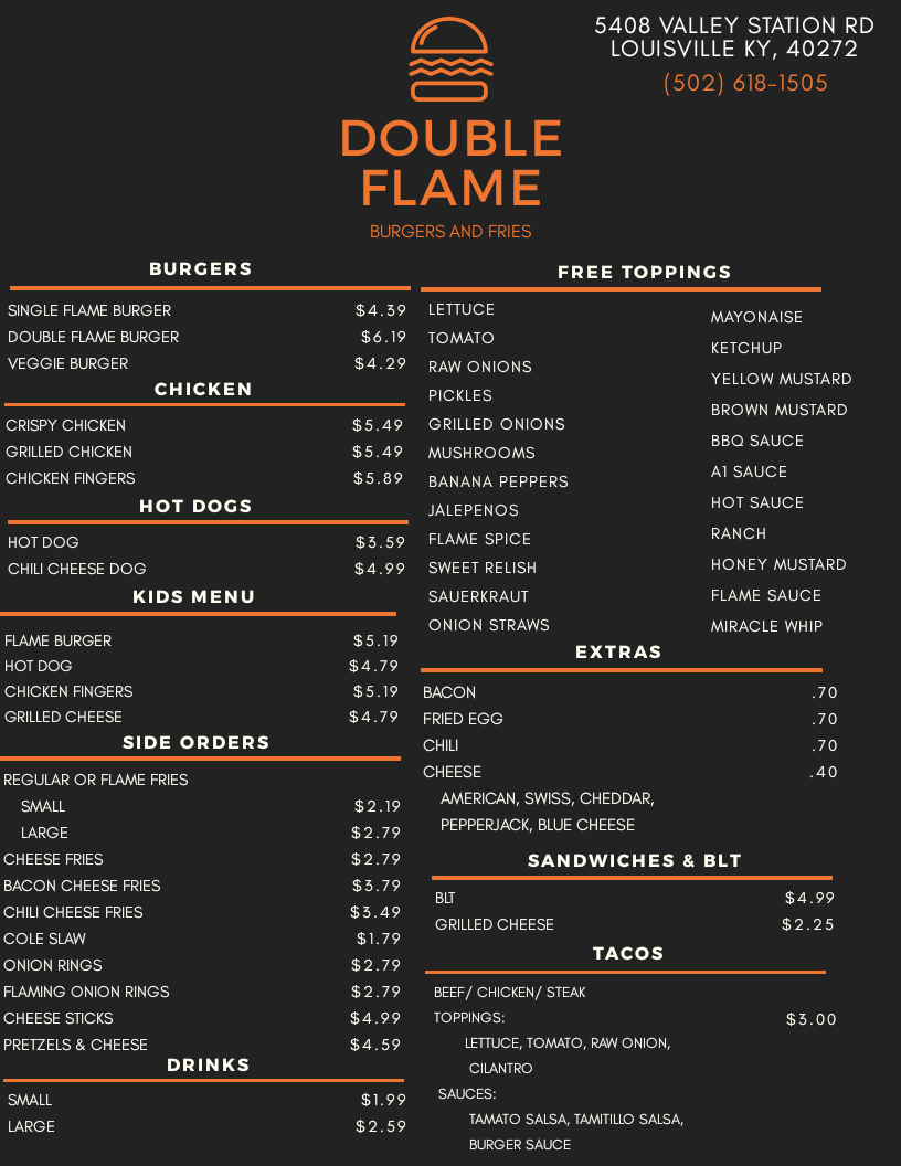 Double Flame Burgers | restaurant | 5408 Valley Station Rd, Louisville, KY 40272, USA | 5026181505 OR +1 502-618-1505