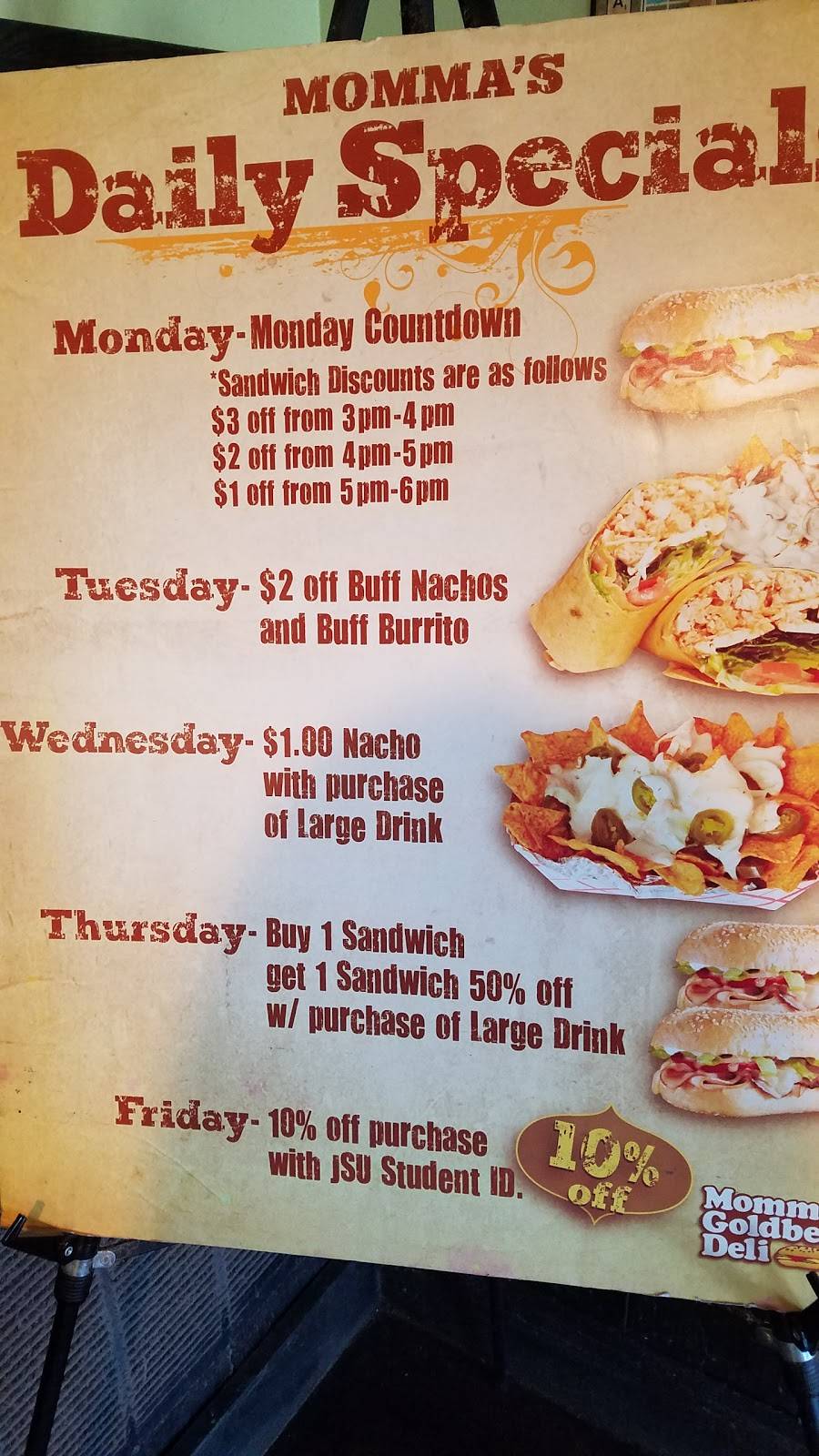 Momma Goldbergs Deli | restaurant | 208 Mountain St NW, Jacksonville, AL 36265, USA | 2563651566 OR +1 256-365-1566