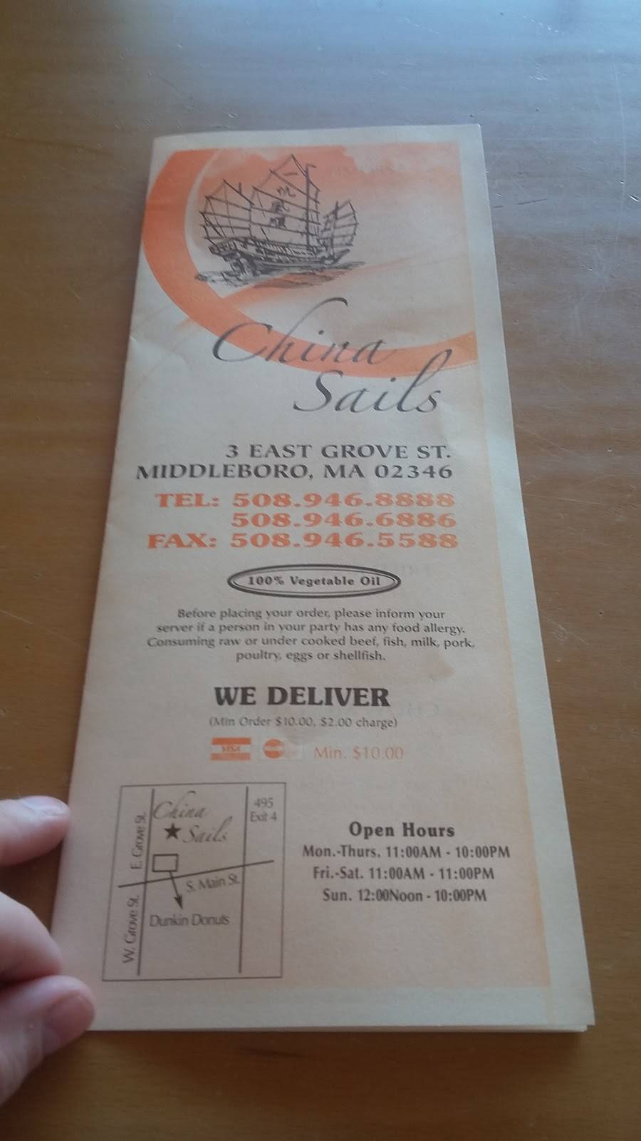 China Sails | restaurant | 3 E Grove St, Middleborough, MA 02346, USA | 5089468888 OR +1 508-946-8888