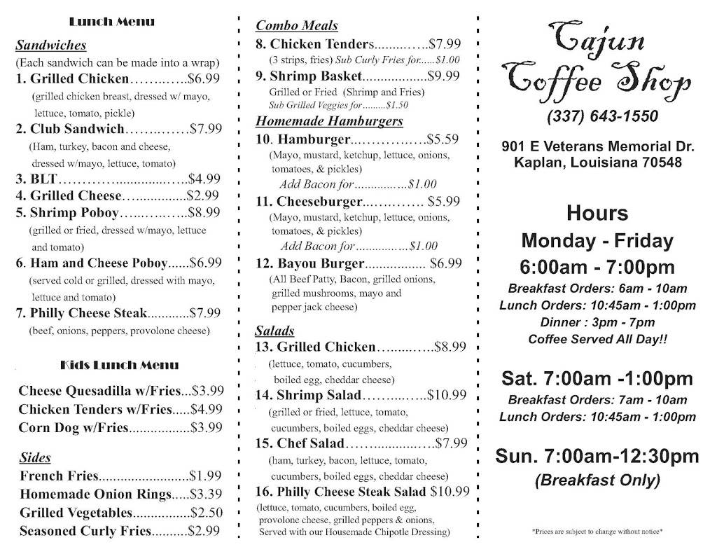 The Cajun Coffee Shop | restaurant | 901 E 1st St, Kaplan, LA 70548, USA | 3376431550 OR +1 337-643-1550