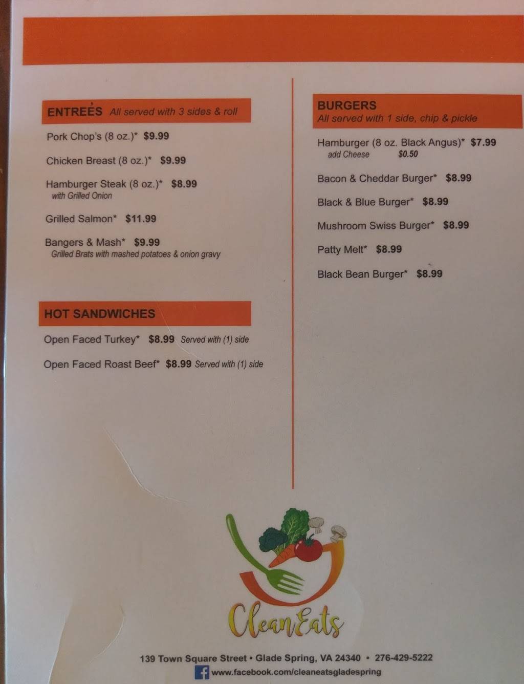 Clean Eats | restaurant | 139 Town Square St, Glade Spring, VA 24340, USA | 2764295222 OR +1 276-429-5222