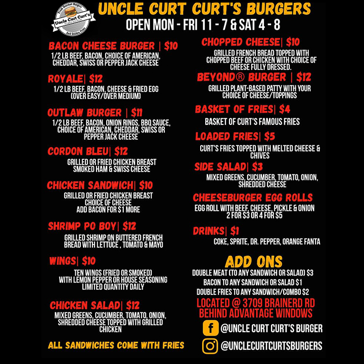 Uncle Curt Curts Burgers | meal takeaway | Behind Advantage Windows, 3709 Brainerd Rd, Chattanooga, TN 37411, USA | 4233156795 OR +1 423-315-6795