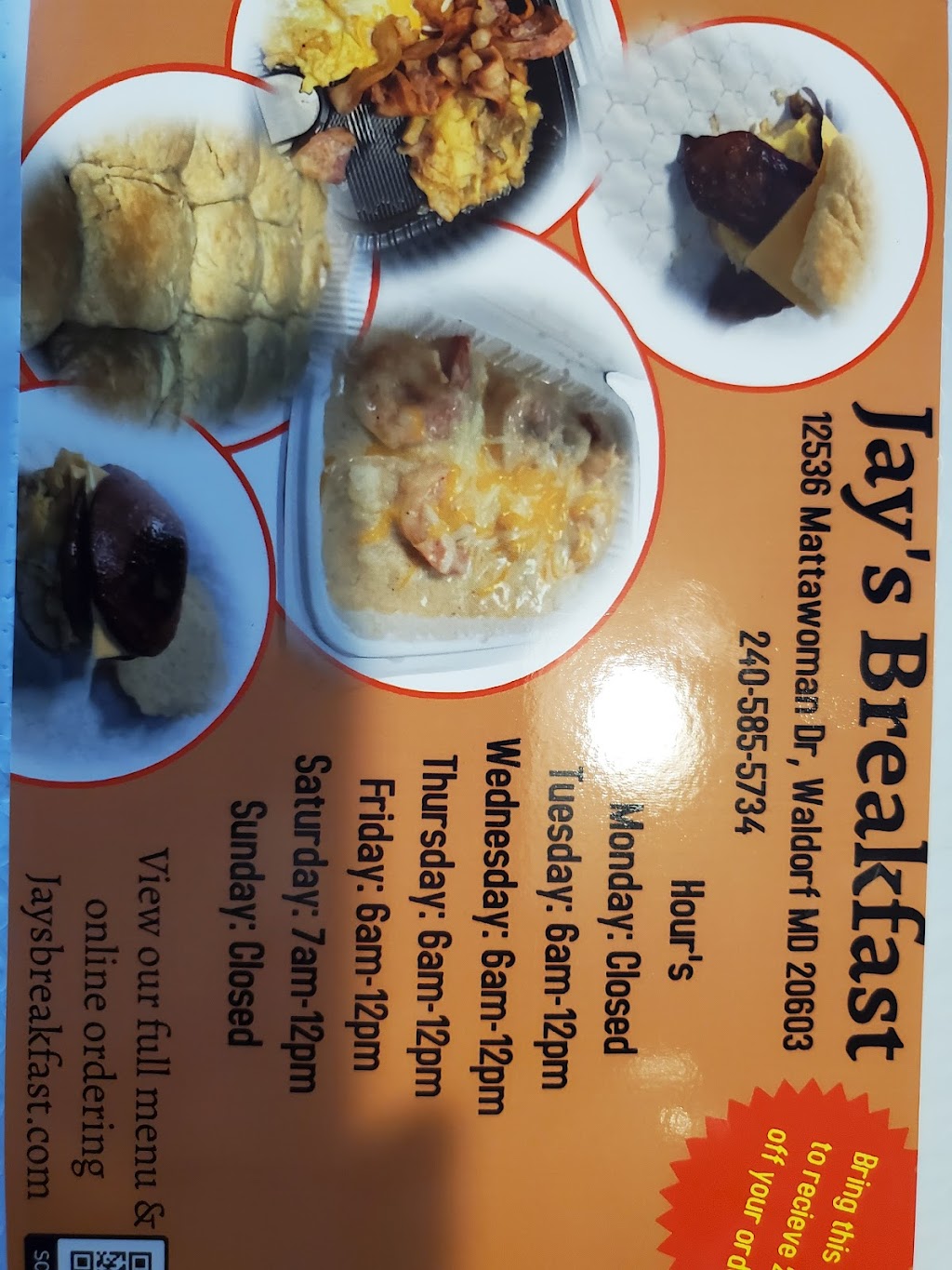 Jays Breakfast | restaurant | 12536 Mattawoman Dr, Waldorf, MD 20601, USA | 2405855734 OR +1 240-585-5734