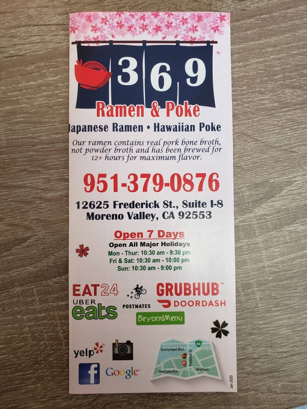 369 Ramen & Poke & Sushi | restaurant | 12625 Frederick St Ste I8, Moreno Valley, CA 92553, USA | 9513790876 OR +1 951-379-0876