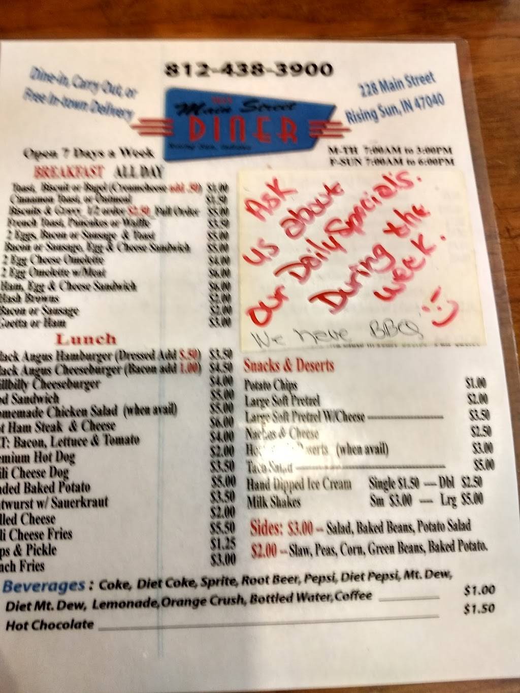 Main Street Diner | restaurant | 226 Main St, Rising Sun, IN 47040, USA | 8124383900 OR +1 812-438-3900