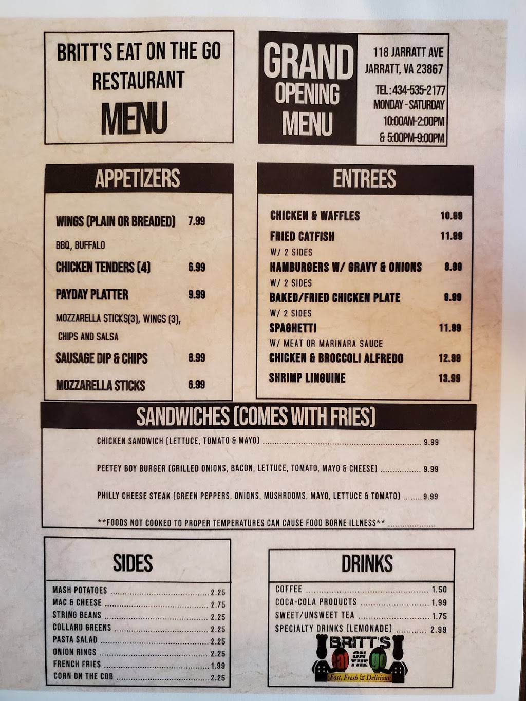 BRITTS EAT ON THE GO RESTAURANT | restaurant | 118 Jarratt Ave, Jarratt, VA 23867, USA | 4345352177 OR +1 434-535-2177