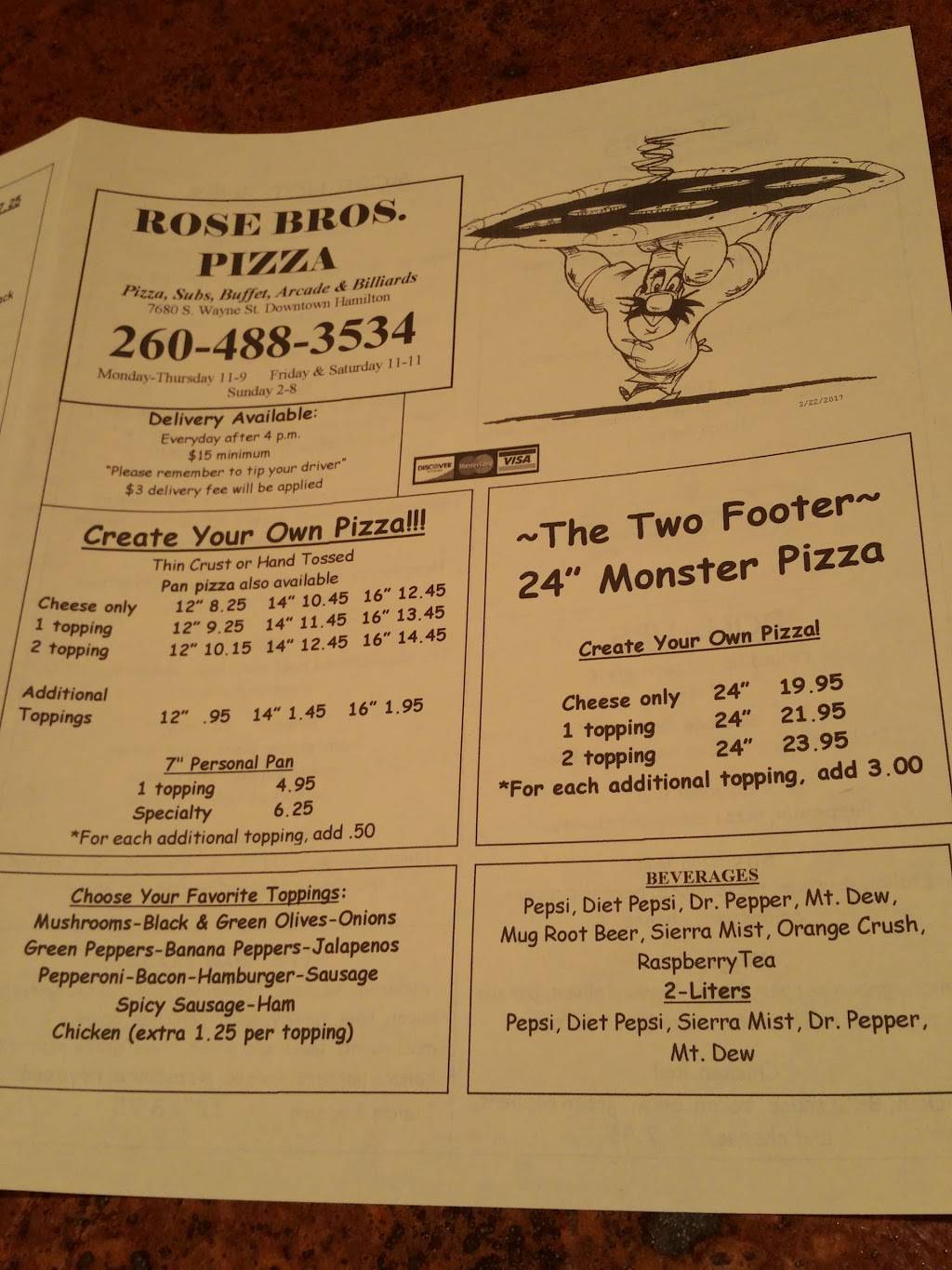 Rose Brothers Pizza | restaurant | 7680 S Wayne St, Hamilton, IN 46742, USA | 2604883534 OR +1 260-488-3534