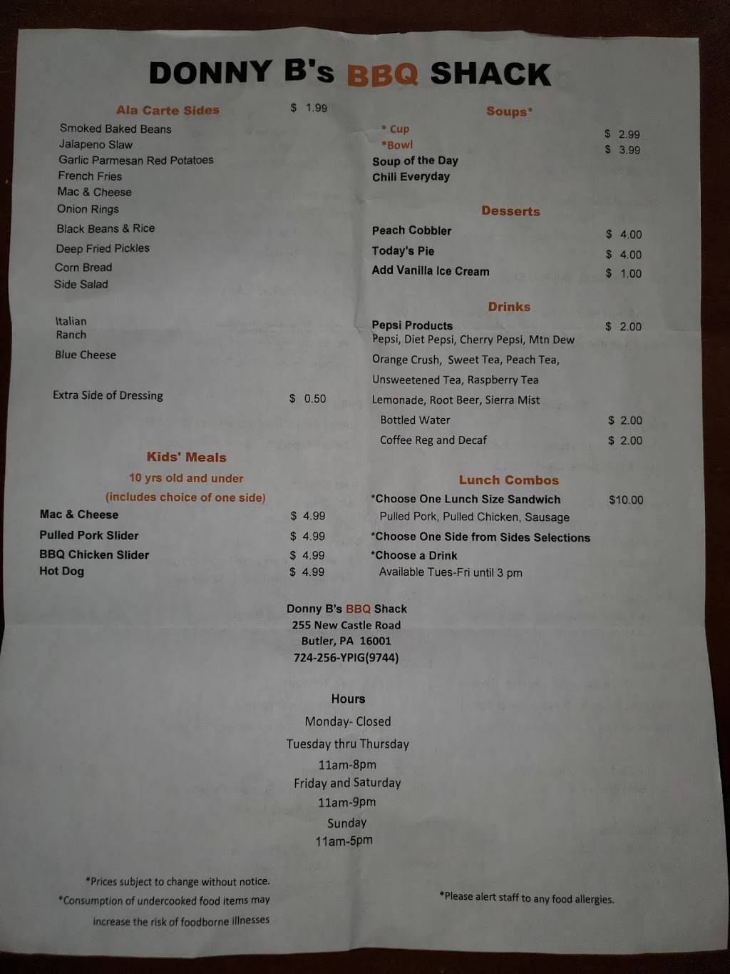 Donny B’s BBQ Shack | restaurant | 255 New Castle Rd, Butler, PA 16001, USA | 7242569744 OR +1 724-256-9744