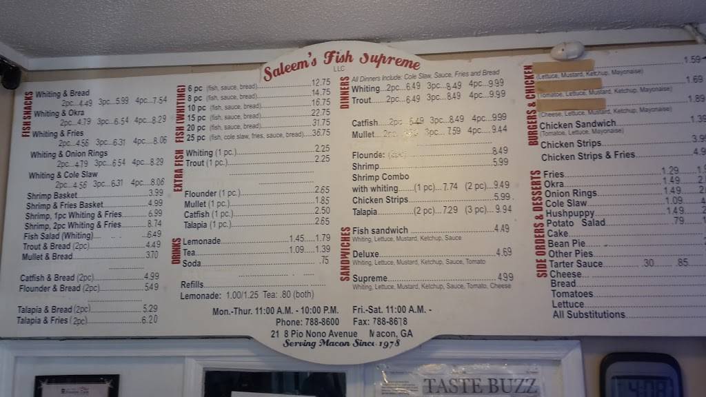 Saleems Fish Supreme LLC | restaurant | 2198 Pio Nono Ave, Macon, GA 31206, USA | 4787888600 OR +1 478-788-8600