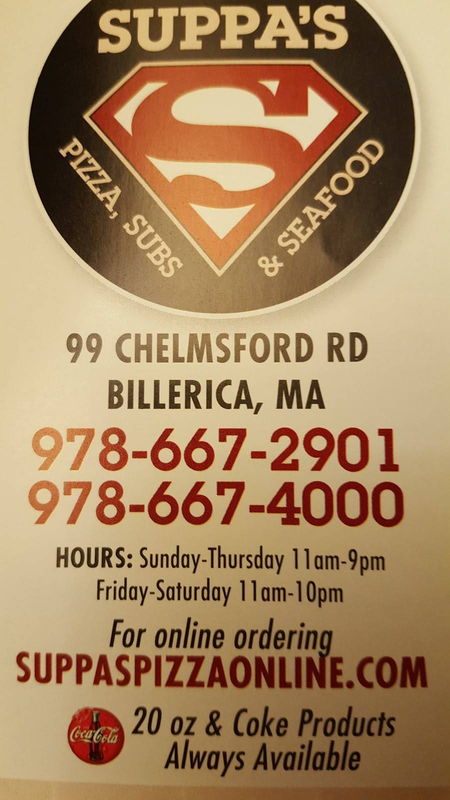 Suppas Pizza & Subs | restaurant | 99 Chelmsford Rd, North Billerica, MA 01862, USA | 9786674000 OR +1 978-667-4000