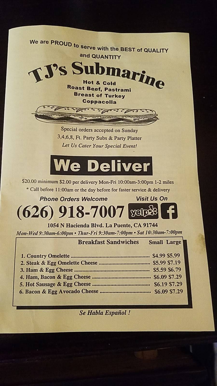 T Js Submarines | meal takeaway | 1054 N Hacienda Blvd, La Puente, CA 91744, USA | 6269187007 OR +1 626-918-7007