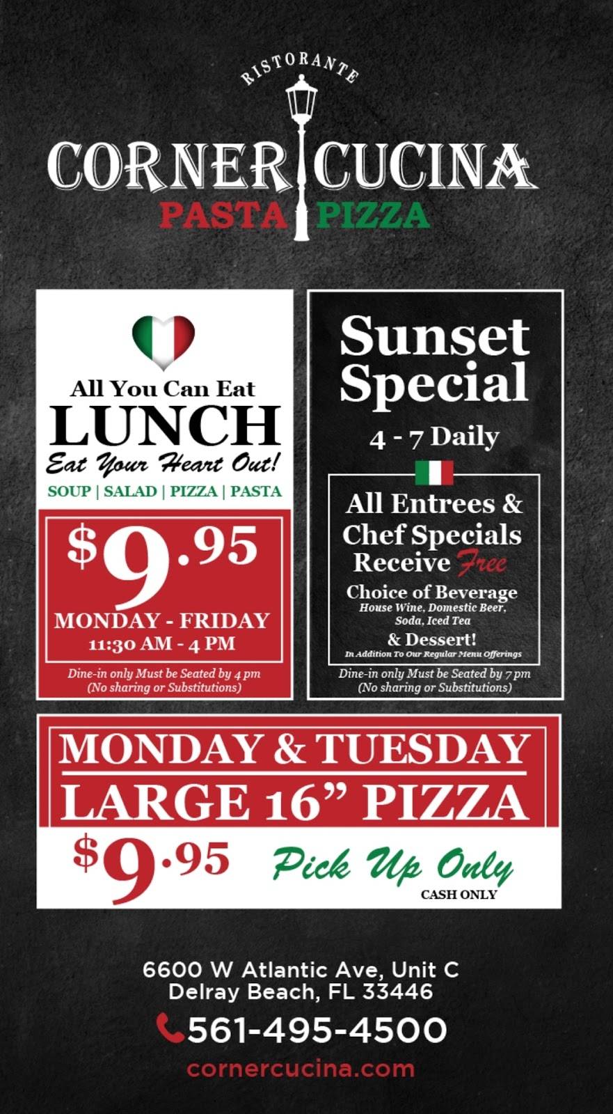 Corner Cucina | meal takeaway | 6600 W Atlantic Ave Ste C, Delray Beach, FL 33446, USA | 5614954500 OR +1 561-495-4500