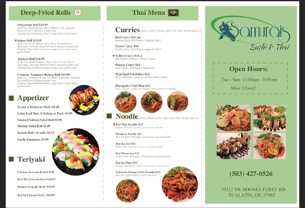 Samurais Sushi&Thai | restaurant | 19352 SW Boones Ferry Rd, Tualatin, OR 97062, USA | 5034270526 OR +1 503-427-0526