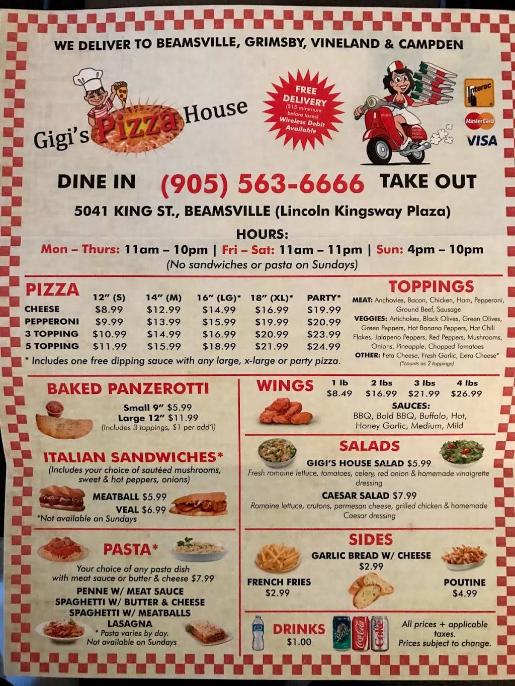 Gigis Pizza House | restaurant | 5041 King St, Beamsville, ON L0R 1B0, Canada | 9055636666 OR +1 905-563-6666
