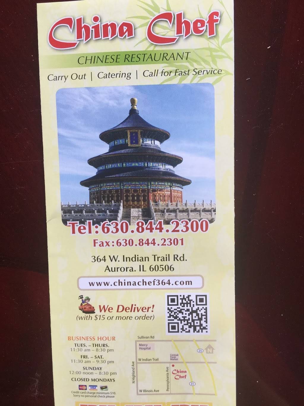 China Chef Restaurant | restaurant | 364 W Indian Trail, Aurora, IL 60506, USA | 6308442300 OR +1 630-844-2300
