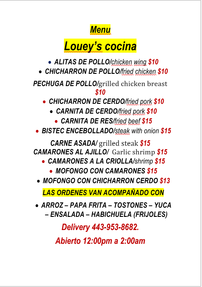 Loueys COCINA And Bar Restaurante Dominicano Y Centro America | restaurant | 200 N Haven St, Baltimore, MD 21224, USA | 4439538682 OR +1 443-953-8682