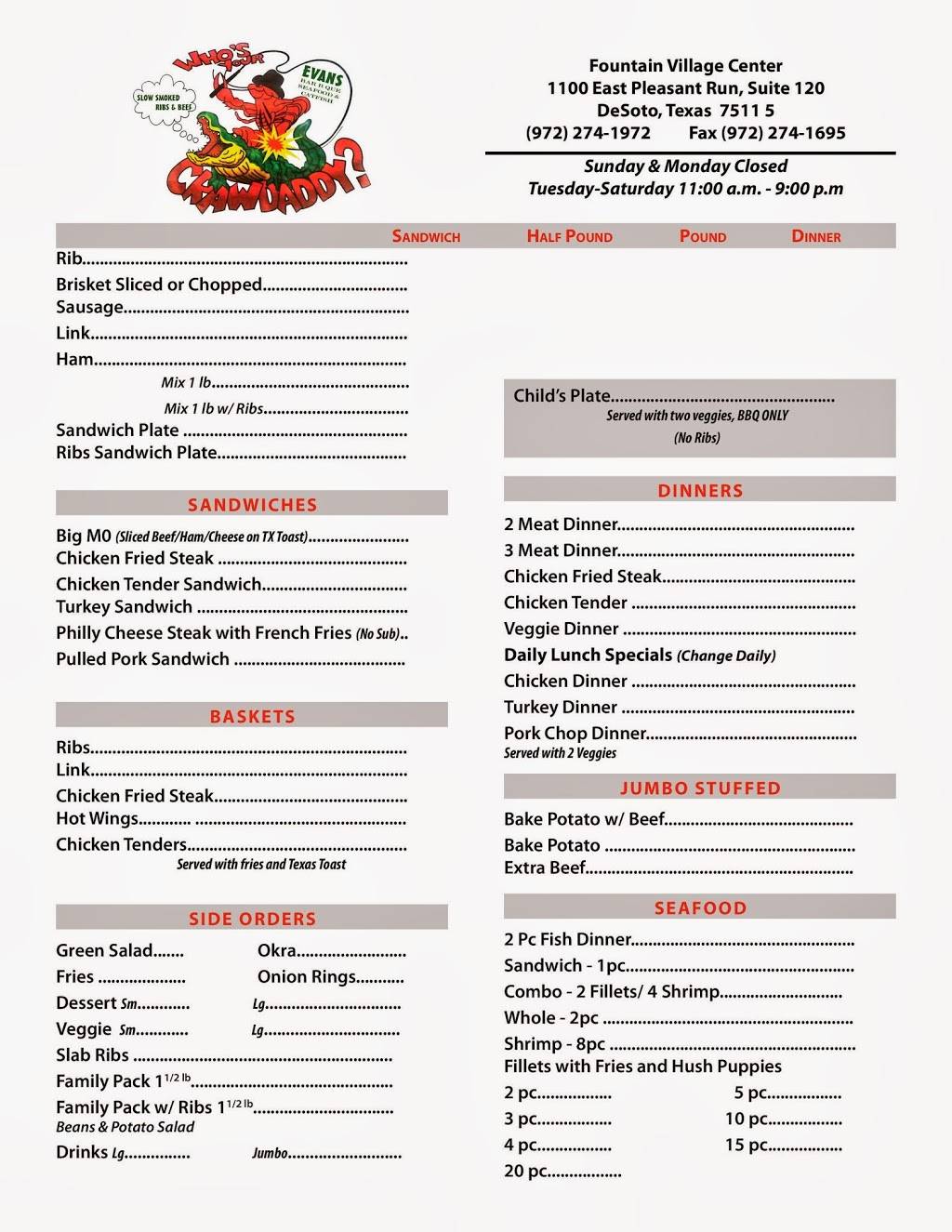 Evans Pit | restaurant | 1100 E Pleasant Run Rd, DeSoto, TX 75115, USA | 9722741972 OR +1 972-274-1972