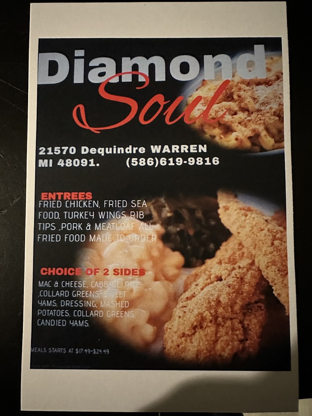 Diamond Soul Food | restaurant | 21570 Dequindre Rd, Warren, MI 48091, USA | 5866199816 OR +1 586-619-9816