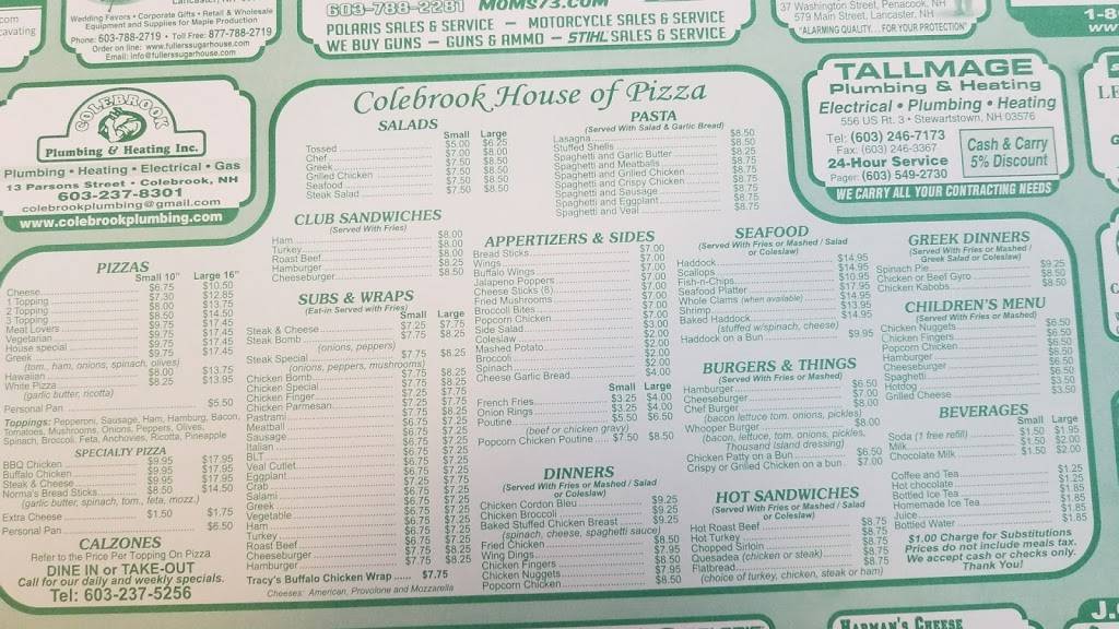 House of Pizza | restaurant | 1 Parsons St, Colebrook, NH 03576, USA | 6032375256 OR +1 603-237-5256