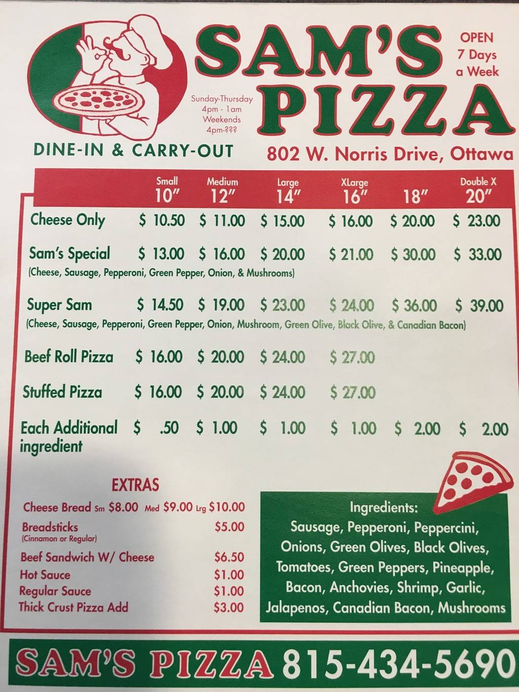 Sams Pizza | restaurant | 802 W Norris Dr, Ottawa, IL 61350, USA | 8154345690 OR +1 815-434-5690
