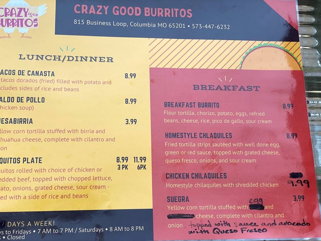 Crazy Good Burritos | restaurant | 815 Business Loop 70 E, Columbia, MO 65201, USA | 5734476232 OR +1 573-447-6232
