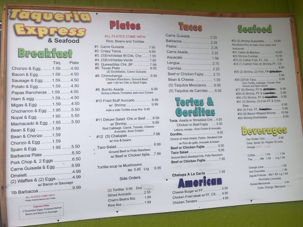 Taqueria exprés and seafood | restaurant | 4346 Ayers St, Corpus Christi, TX 78415, USA | 3613340033 OR +1 361-334-0033