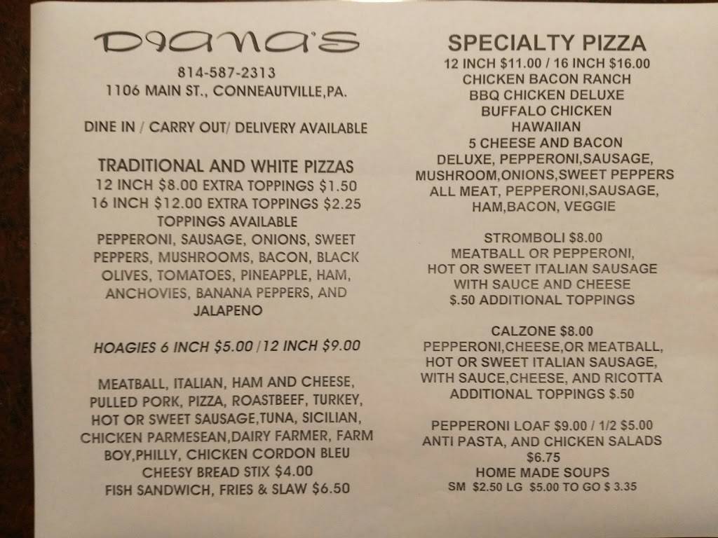 Dianas Pizza | meal takeaway | 1106 Main St, Conneautville, PA 16406, USA | 8145872313 OR +1 814-587-2313