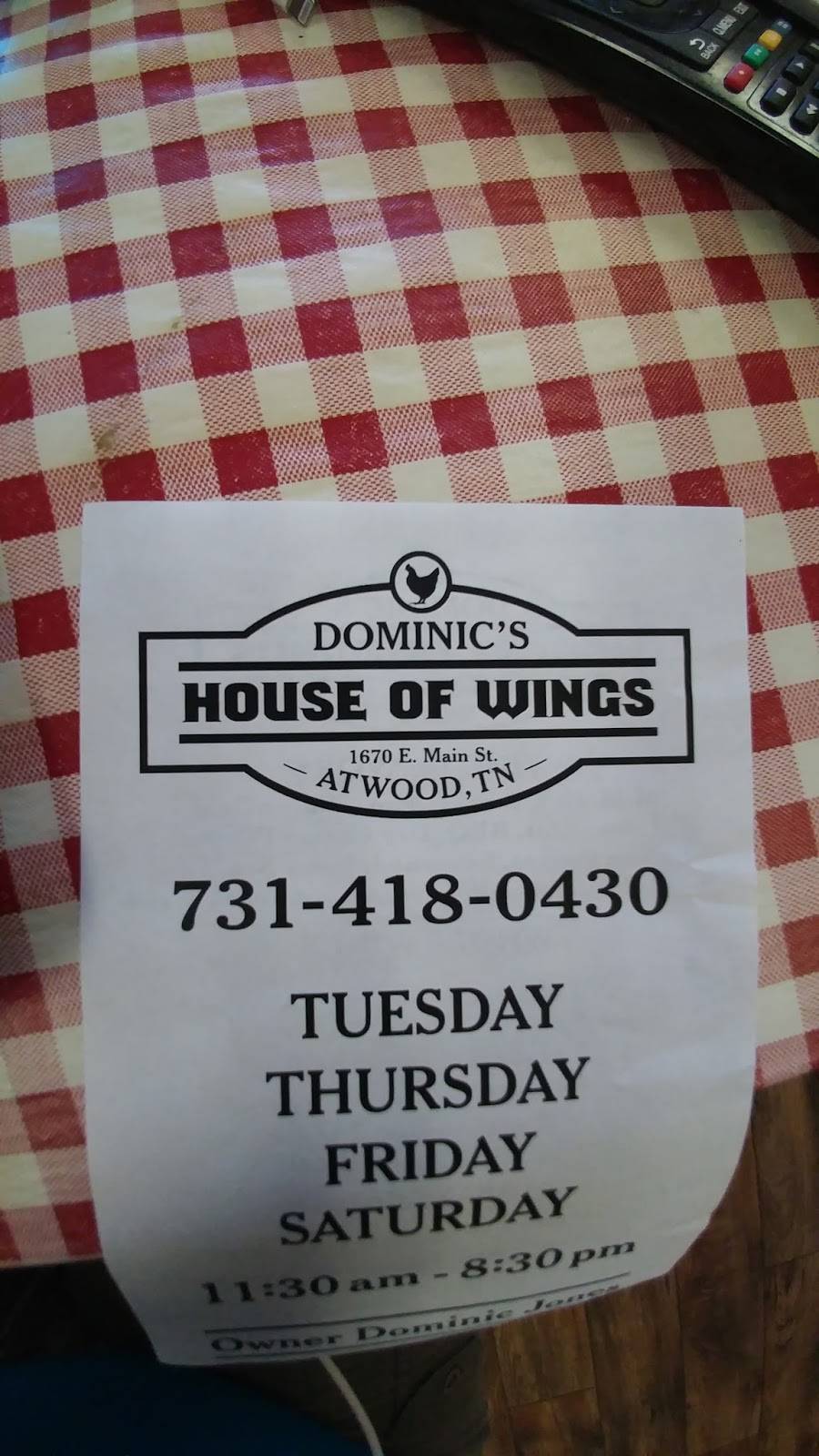 Dominics House of Wings | restaurant | 1670 E Main St, Atwood, TN 38220, USA | 7314180430 OR +1 731-418-0430