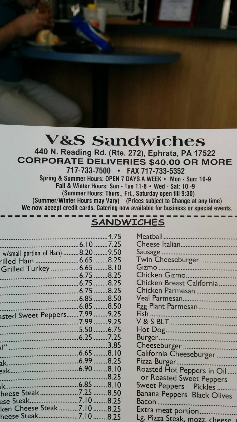 V & S Sandwiches | meal takeaway | 440 N Reading Rd, Ephrata, PA 17522, USA | 7177337500 OR +1 717-733-7500