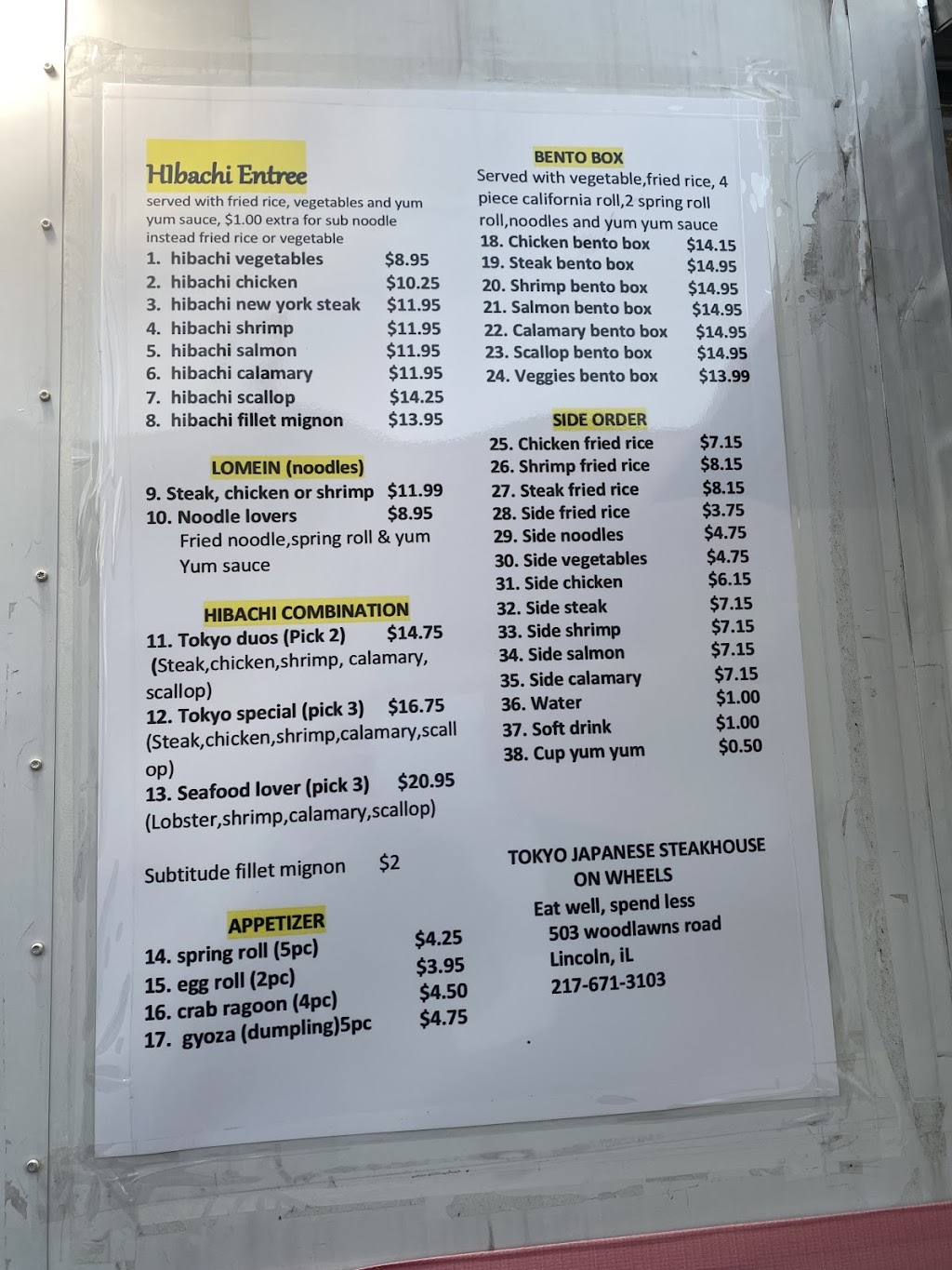 Tokyo japanese steakhouse on wheels | restaurant | 503 Woodlawn Rd, Lincoln, IL 62656, USA | 2176713103 OR +1 217-671-3103