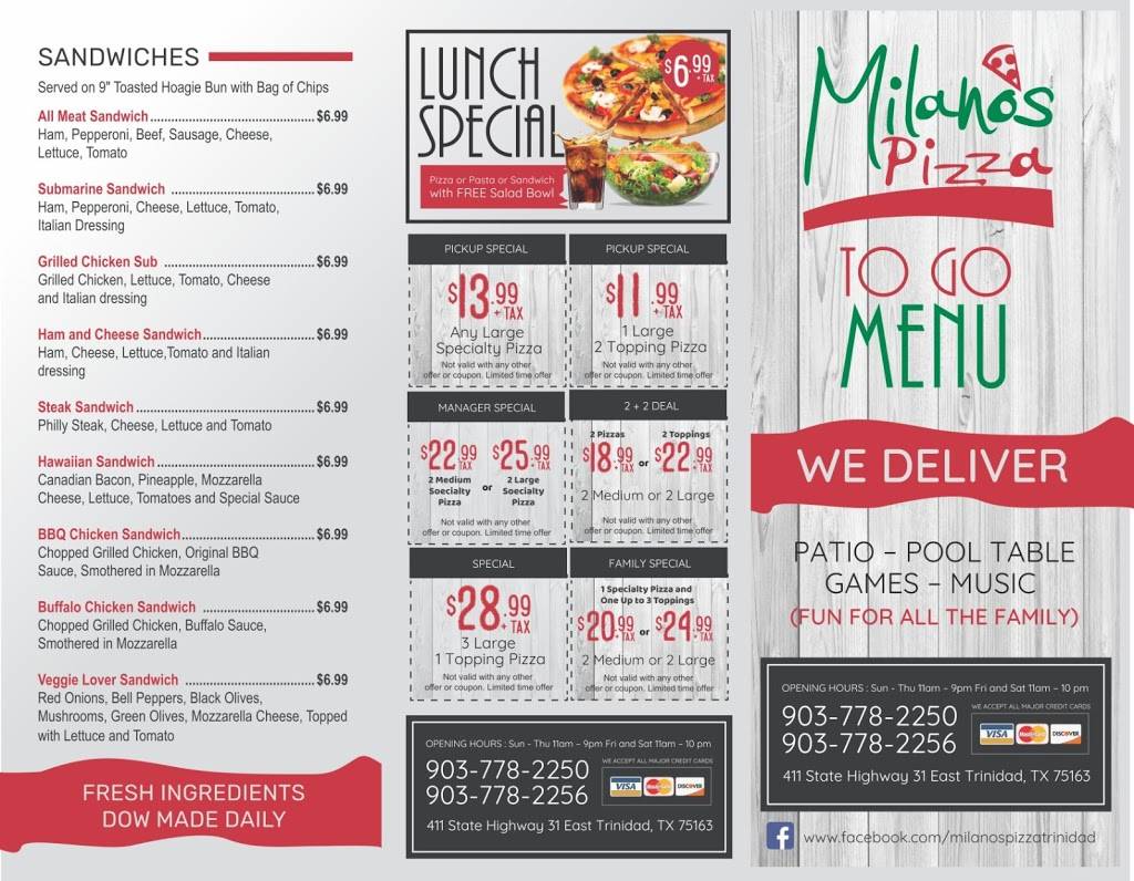 Milanos Pizza Trinidad | restaurant | 411 state highway31 E, Trinidad, TX 75163, USA | 9037782250 OR +1 903-778-2250