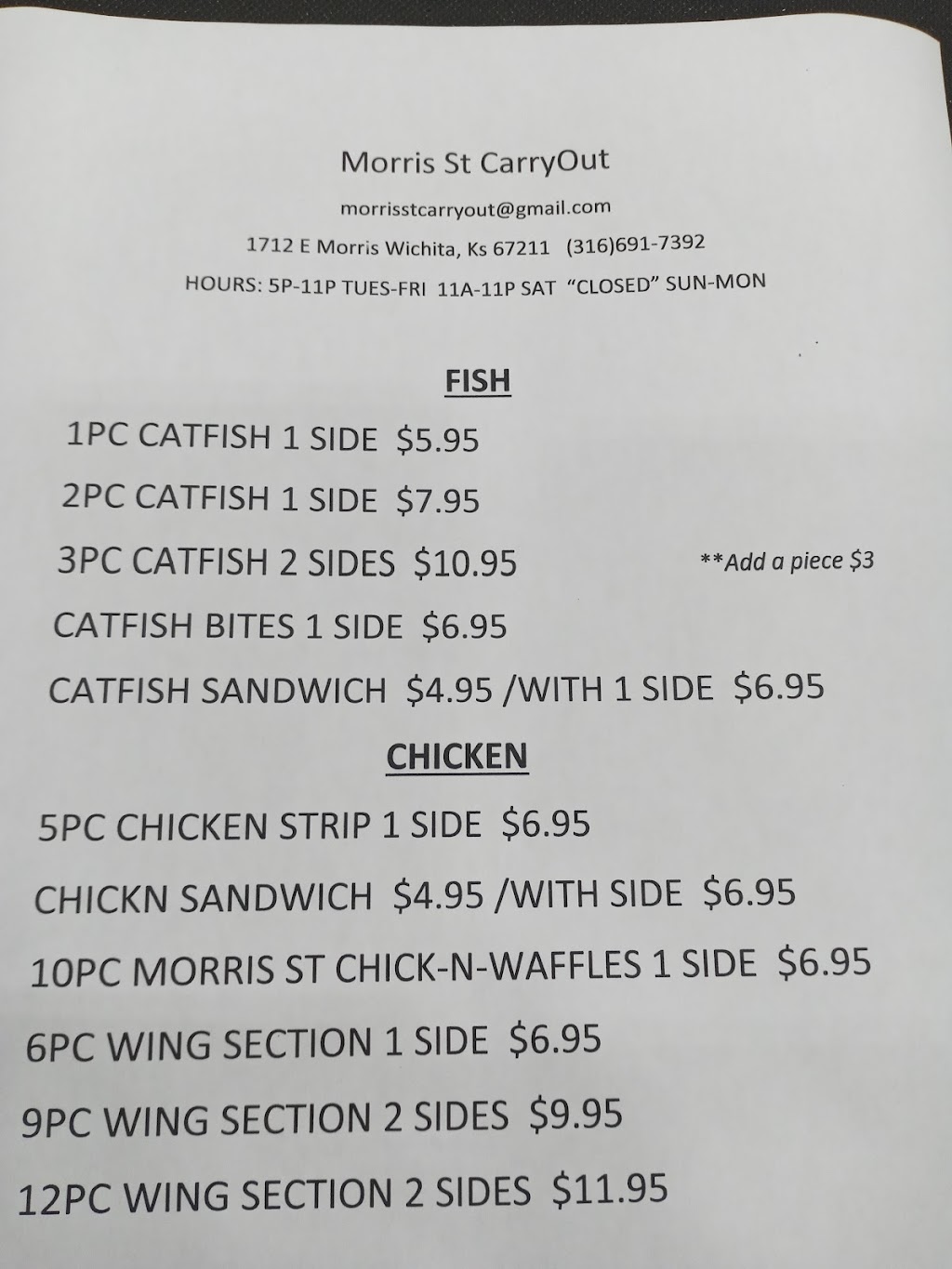 Morris St Carry Out | restaurant | 1712 E Morris St, Wichita, KS 67211, USA | 3166917392 OR +1 316-691-7392